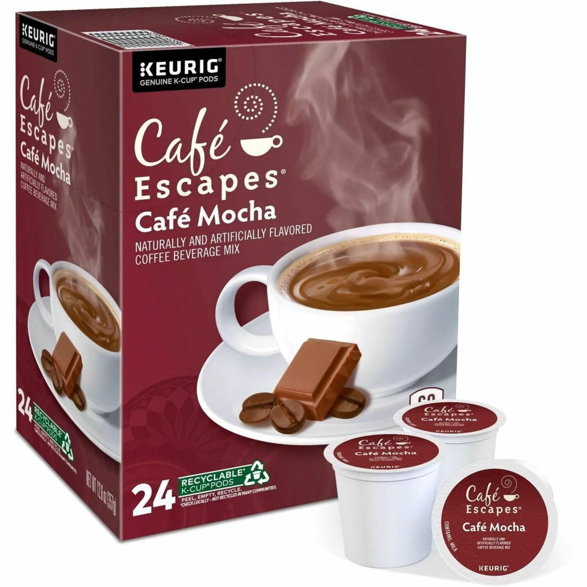 Cafe Escapes Cafe Mocha K-Cups carton display showing 24-pack convenience.