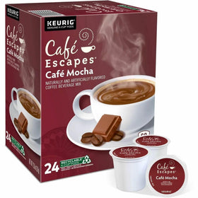 Cafe Escapes Cafe Mocha K-Cups carton display showing 24-pack convenience.