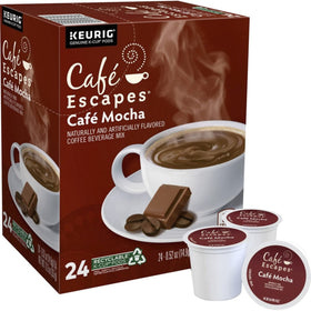 Cafe Escapes Cafe Mocha K-Cups close-up highlighting rich chocolate aroma and coffee flavor.
