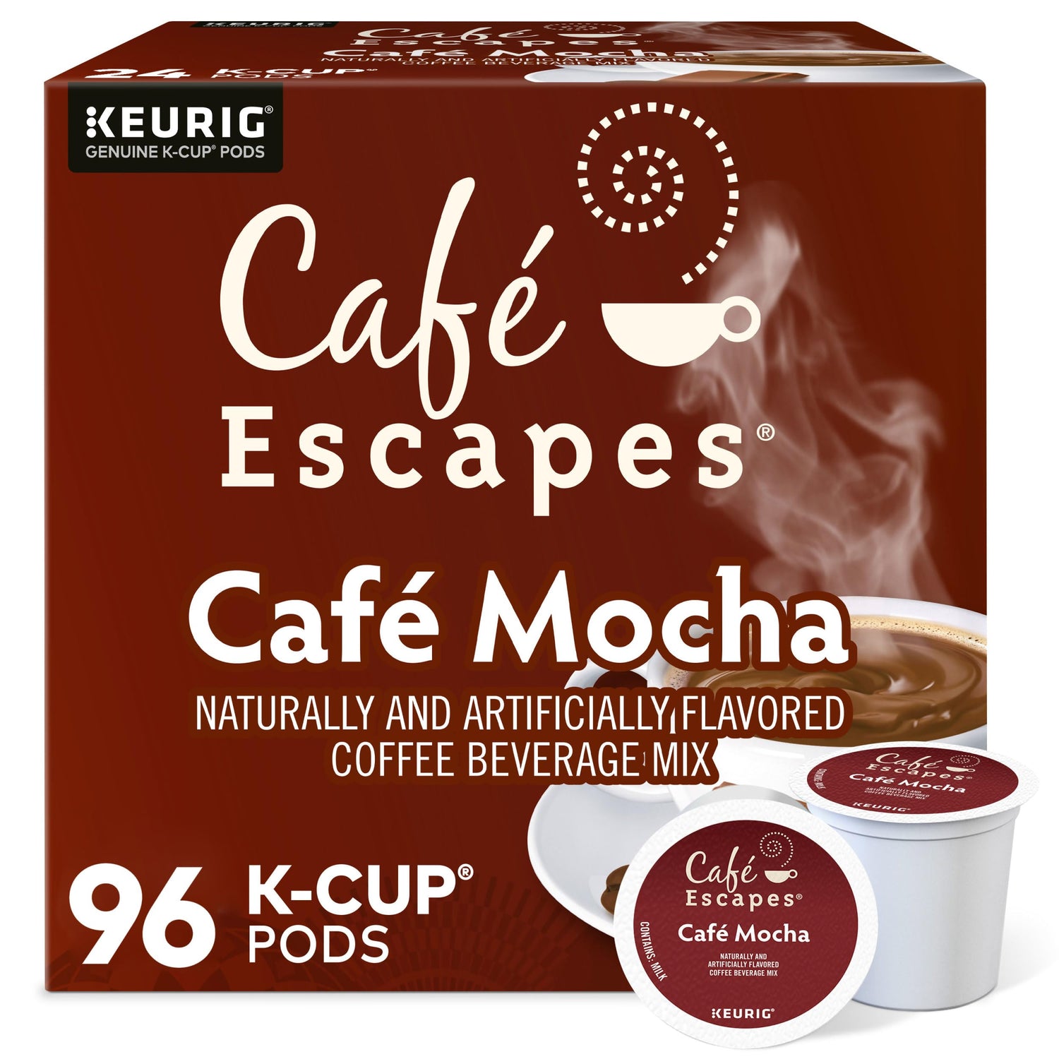 Cafe Escapes Cafe Mocha K-Cups box shows a convenient four-pack bundle.