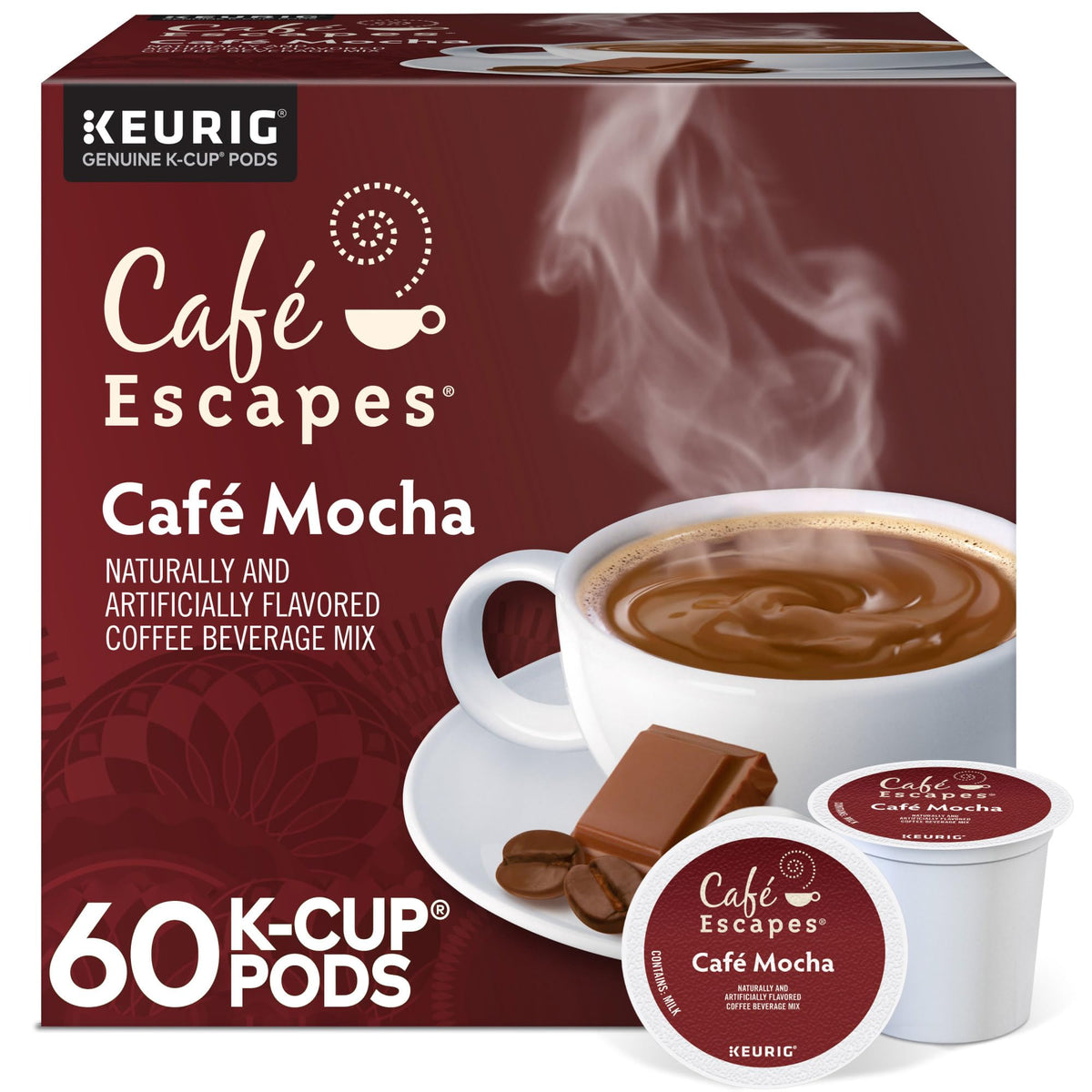 Café Escapes Cafe Mocha pod for Keurig machines, delivering a rich cocoa and coffee blend.