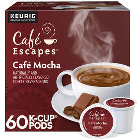 Café Escapes Cafe Mocha pod for Keurig machines, delivering a rich cocoa and coffee blend.