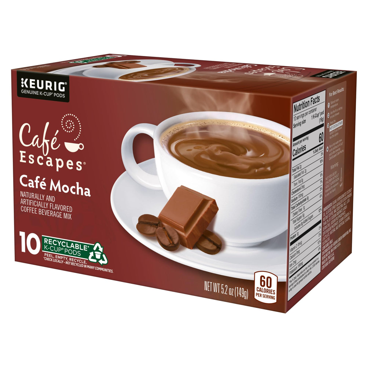 Café Escapes Cafe Mocha tasting notes with hints of cocoa and coffee.