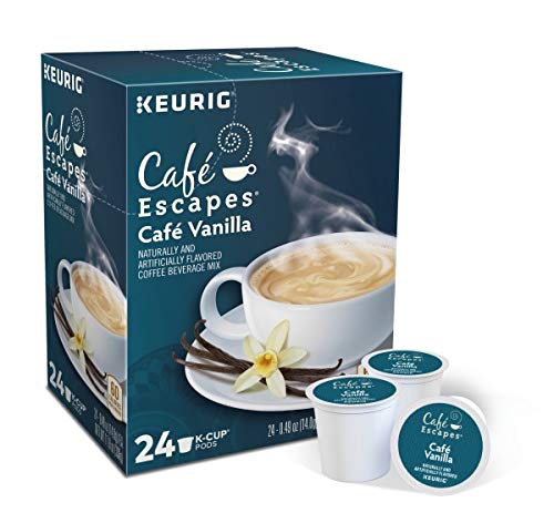 Cafe Escapes Cafe Vanilla K-Cup pod packaging with a ready-to-brew setup.