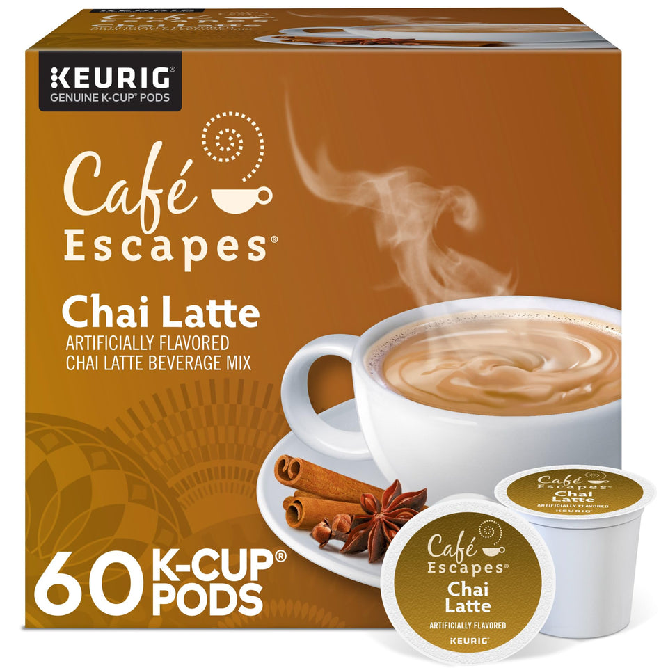 Café Escapes Chai Latte K-Cup pod and cup for a quick, low-calorie indulgence