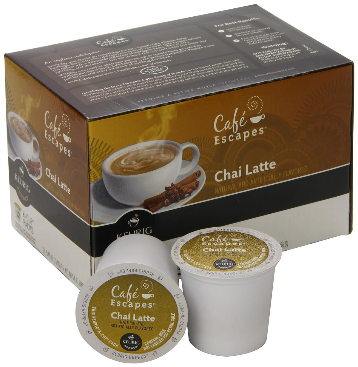 Cafe Escapes Chai Latte K-Cup label featuring spice aroma for quick indulgence