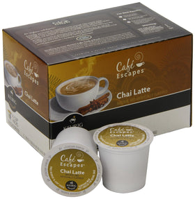 Cafe Escapes Chai Latte K-Cup label featuring spice aroma for quick indulgence