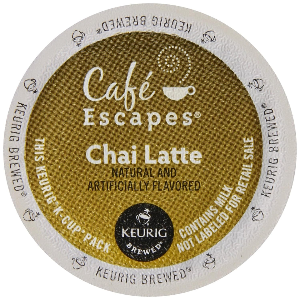 Cafe Escapes Chai Latte K-Cup packaging highlighting convenient single-serve moments