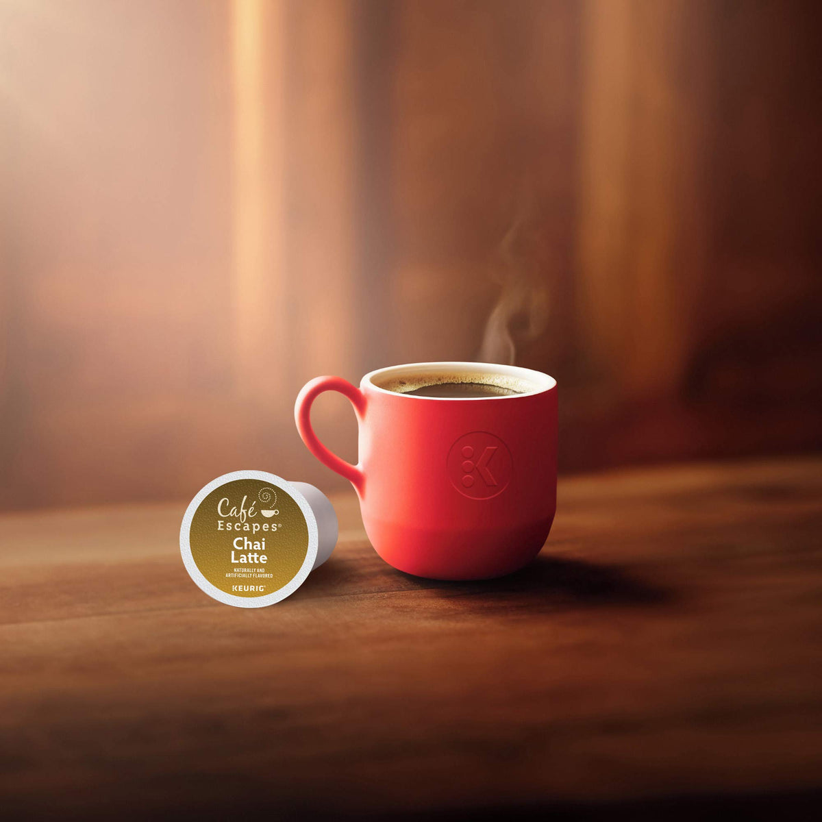 K-Cup brewing action in Keurig with Cafe Escapes chai