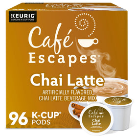 Cafe Escapes Chai Latte K-Cup pods packaging on shelf for convenient flavor