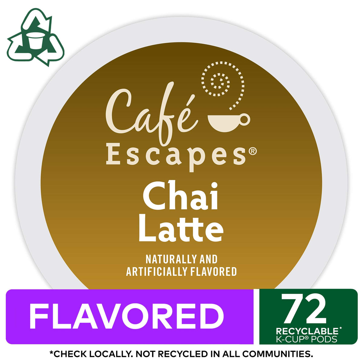 Cafe Escapes Chai Latte pod closeup highlights premium spices and milk.