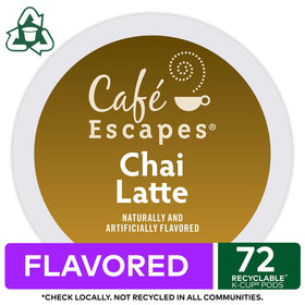 Cafe Escapes Chai Latte pod closeup highlights premium spices and milk.