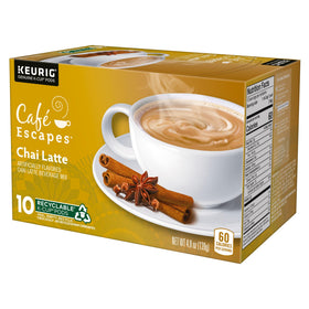 Stacked Café Escapes Chai Latte pods on a counter