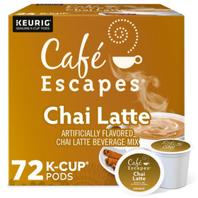 Cafe Escapes chai latte pod box 24-pack on kitchen counter for cozy mornings