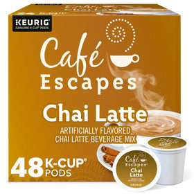 Cafe Escapes chai latte pod packaging enables quick single-serve indulgence.