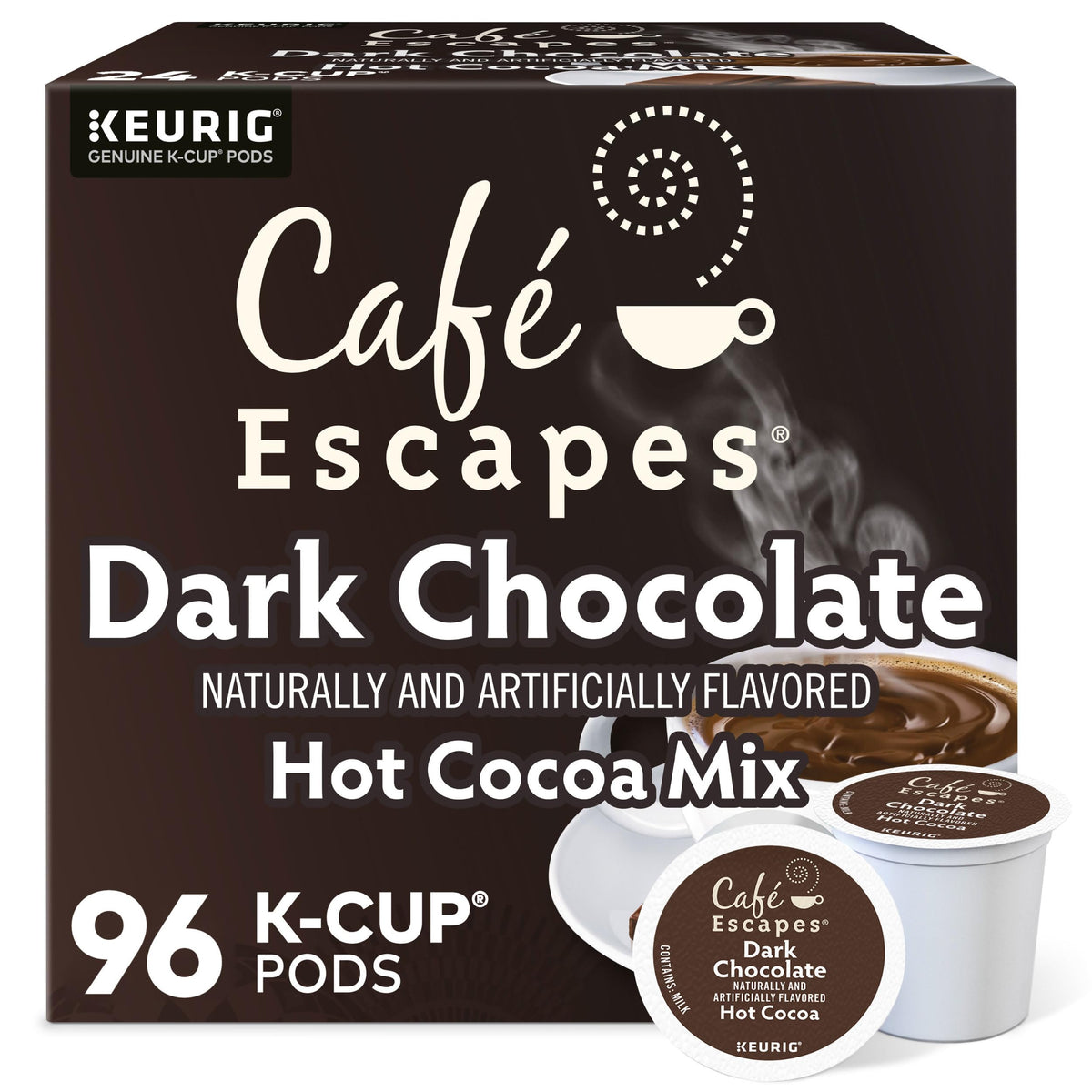 Cafe Escapes dark chocolate hot cocoa pod closeup for a luxurious daily treat