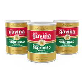 Cafe Gaviña Decaf Espresso Roast cans show bold, caffeine-free flavor.