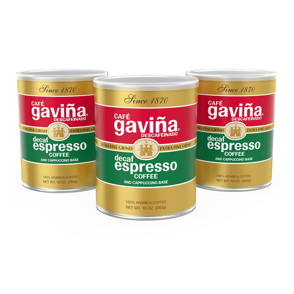 Cafe Gaviña Decaf Espresso Roast cans show bold, caffeine-free flavor.