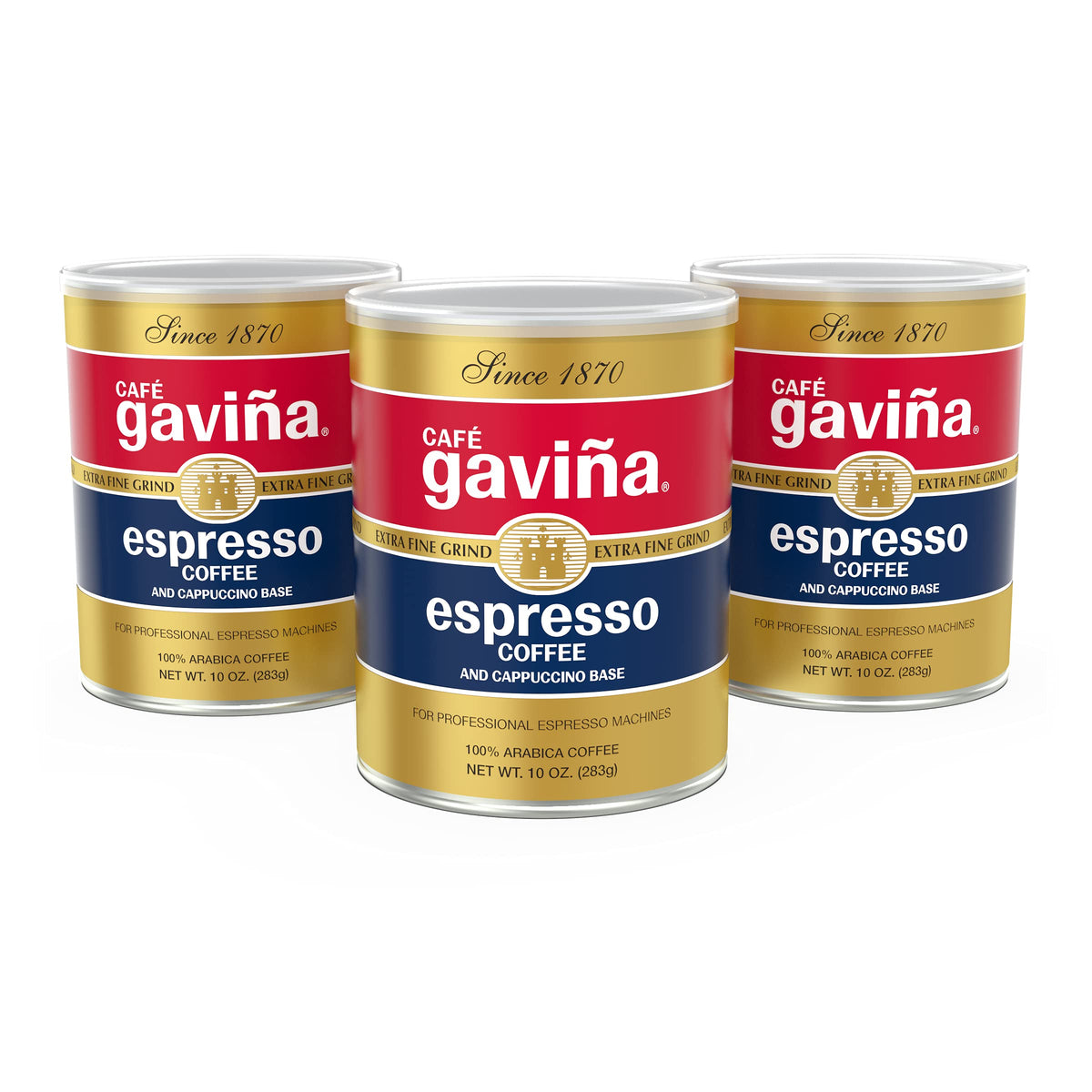 Café Gaviña Espresso Roast can label highlighting bold flavor and chocolate notes.