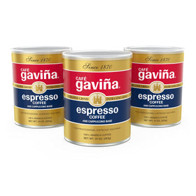 Café Gaviña Espresso Roast can label highlighting bold flavor and chocolate notes.