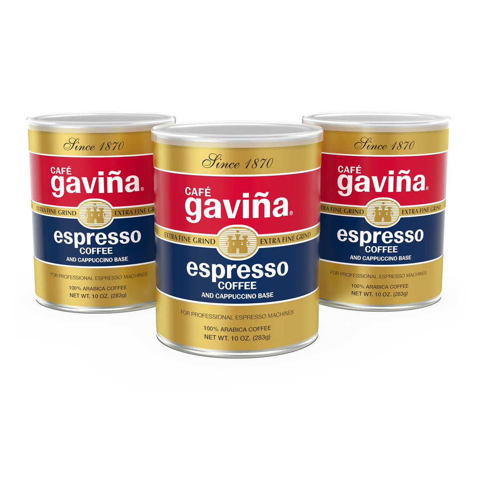 Café Gaviña Espresso Roast can label highlighting bold flavor and chocolate notes.