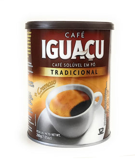 Cafe Iguacu Tradicional instant coffee can 200g pours for a rich morning cup.