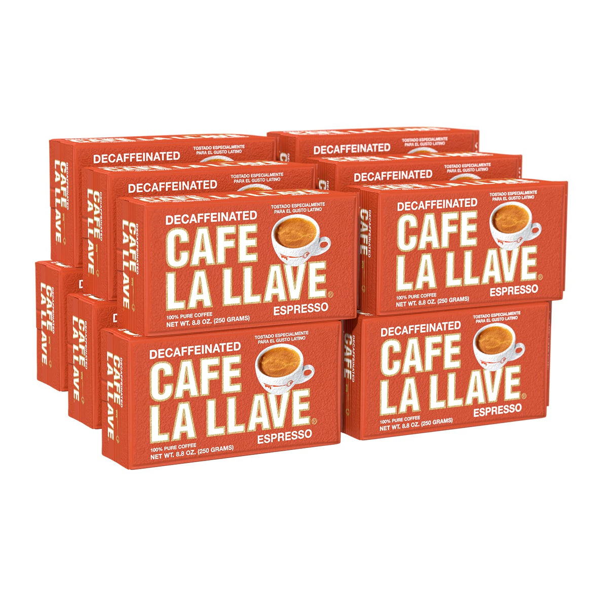 Cafe La Llave decaf dark roast espresso bricks, vacuum-sealed freshness for moka pot brewing.