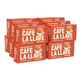 Cafe La Llave decaf dark roast espresso bricks, vacuum-sealed freshness for moka pot brewing.