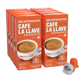 Cafe La Llave decaf espresso pods in aluminum preserve freshness for bold daily flavor.