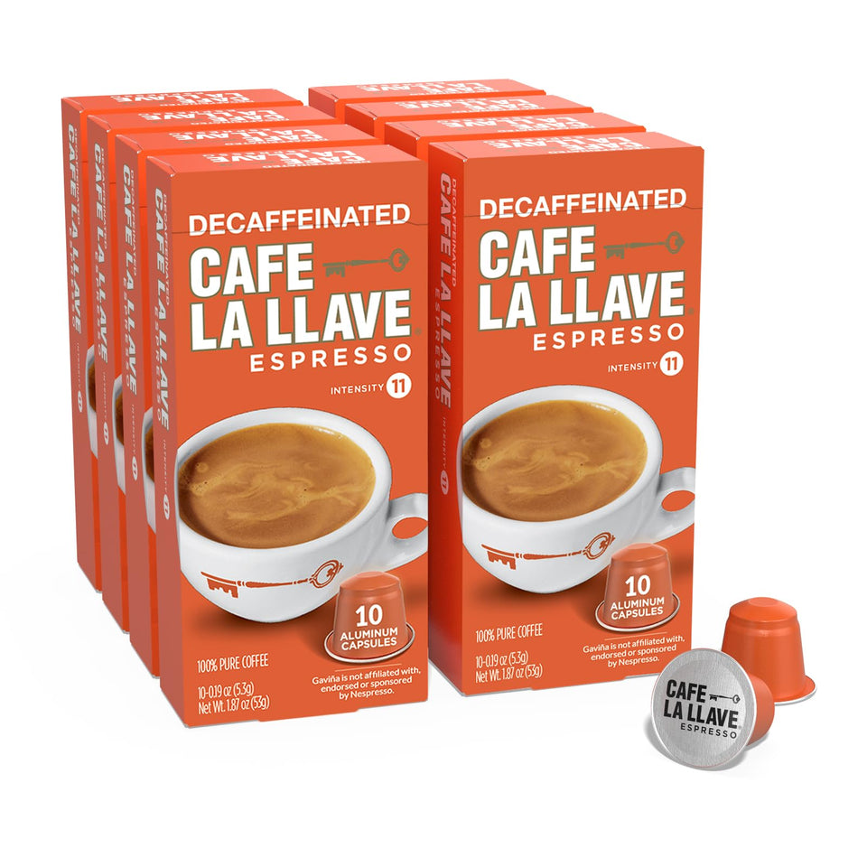 Cafe La Llave decaf espresso pods in aluminum preserve freshness for bold daily flavor.