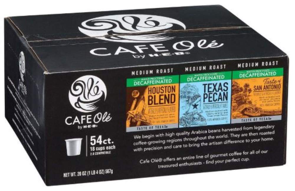 Cafe Ole decaf variety pack with three flavors for anytime enjoyment.