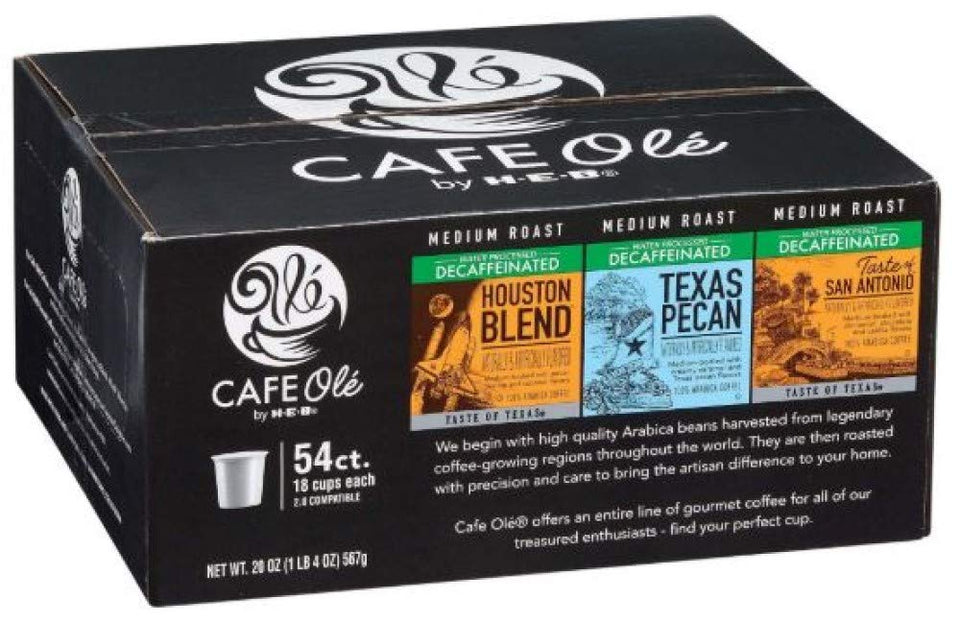 Cafe Ole decaf variety pack with three flavors for anytime enjoyment.