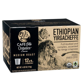 Cafe Ole Ethiopian Yirgacheffe cups close-up shows bright, tangy notes for crisp mornings.