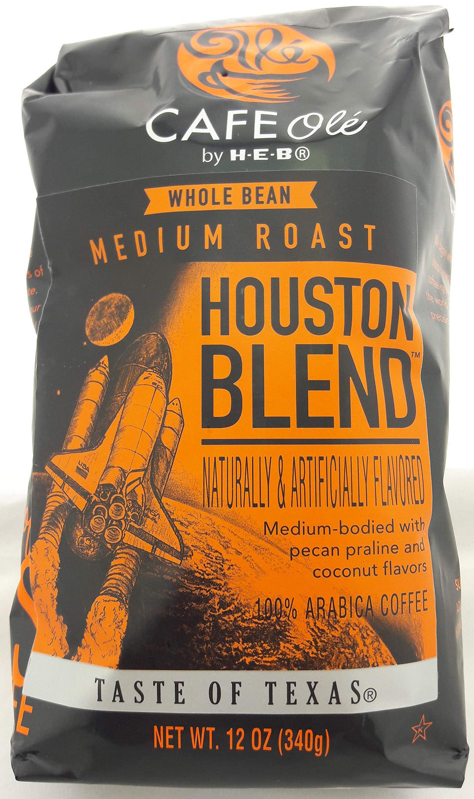 Cafe Ole Houston Blend bag, medium roast, coconut-praline flavor, ideal for morning brew