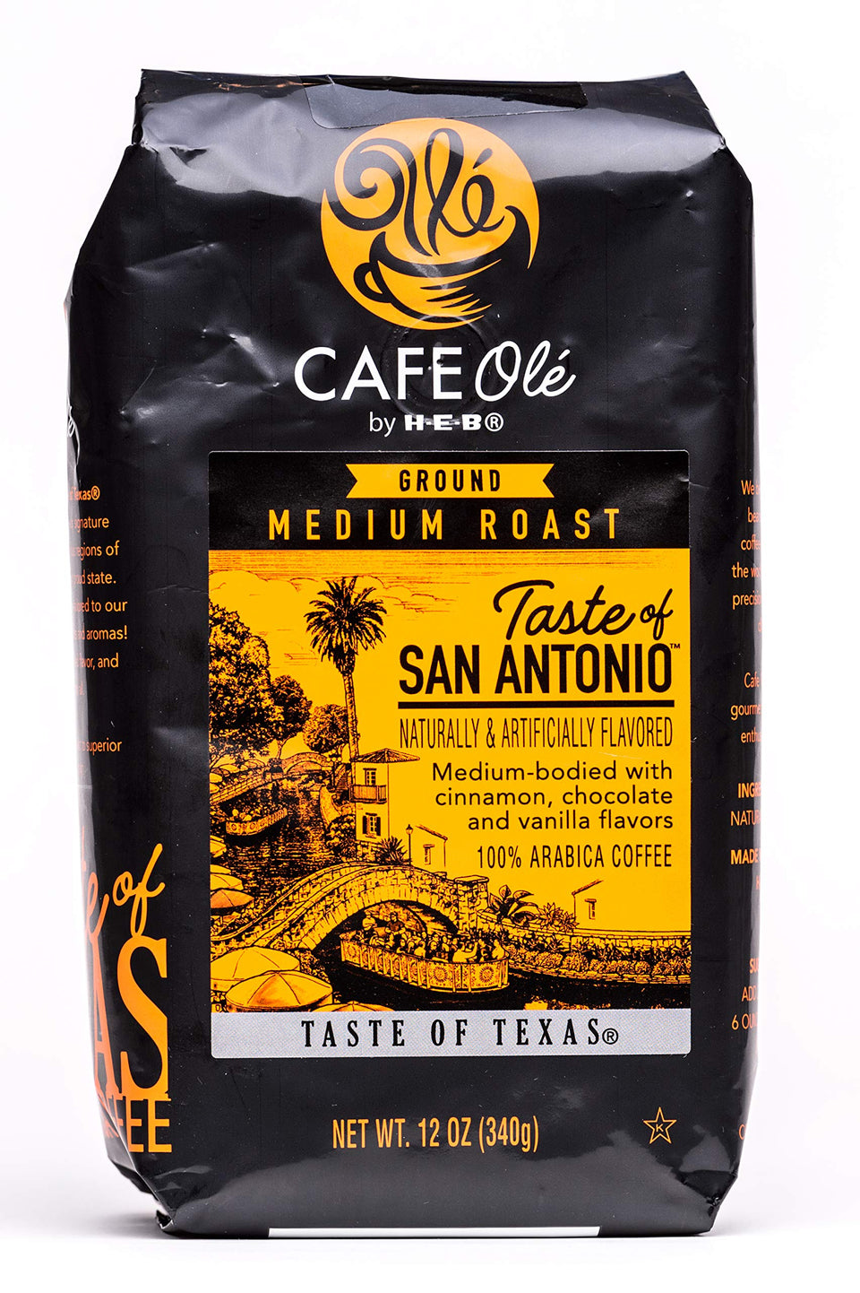 Cafe Ole Taste of San Antonio coffee bag highlights cinnamon, chocolate, and vanilla notes for a flavorful brew.