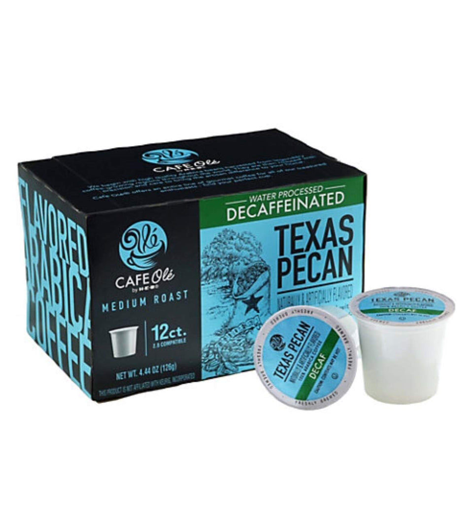Cafe Ole Texas Pecan Decaf K-Cup pod for smooth, caffeine-free mornings.