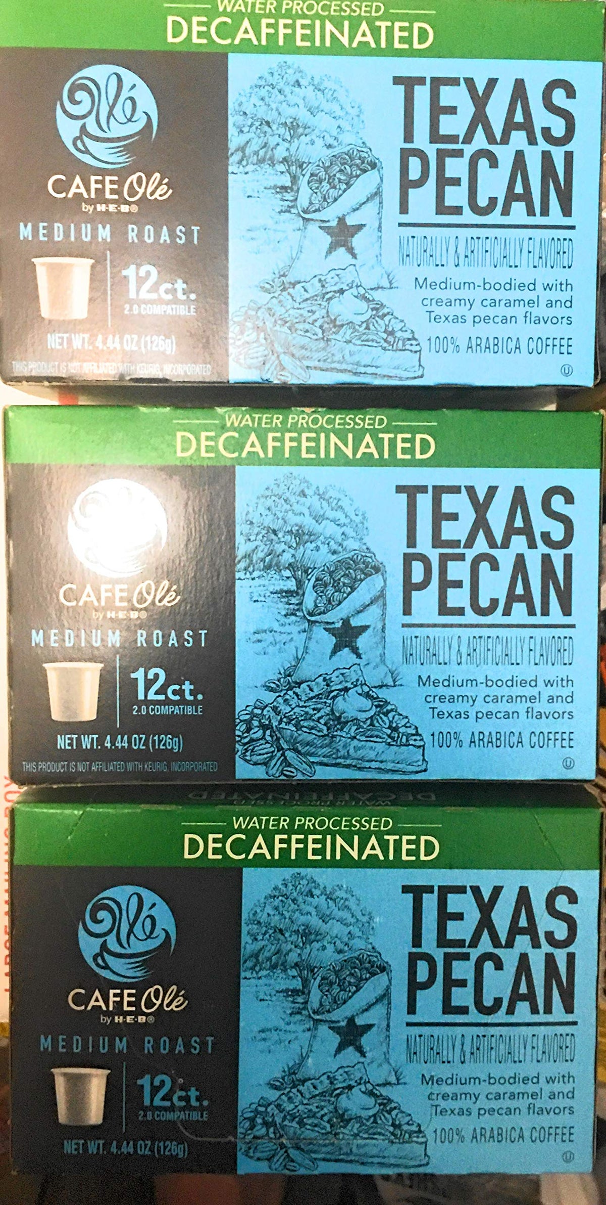 Cafe Ole Texas Pecan decaf pods in a 12-count box deliver smooth, flavorful mornings