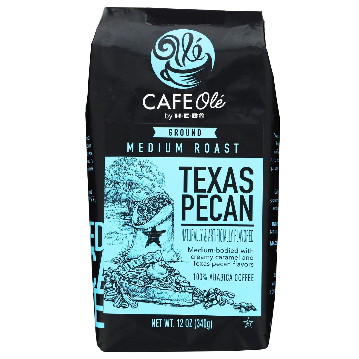 Cafe Ole Texas Pecan ground coffee in cup, smooth flavor ready to brew.