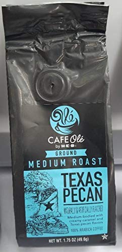 Cafe Ole Texas Pecan Medium Ground Sampler glass cup scene suggests balanced, smooth coffee sips.