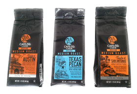 Cafe Ole Texas Pecan Medium Ground Coffee Sampler pack shot for home brewing variety.