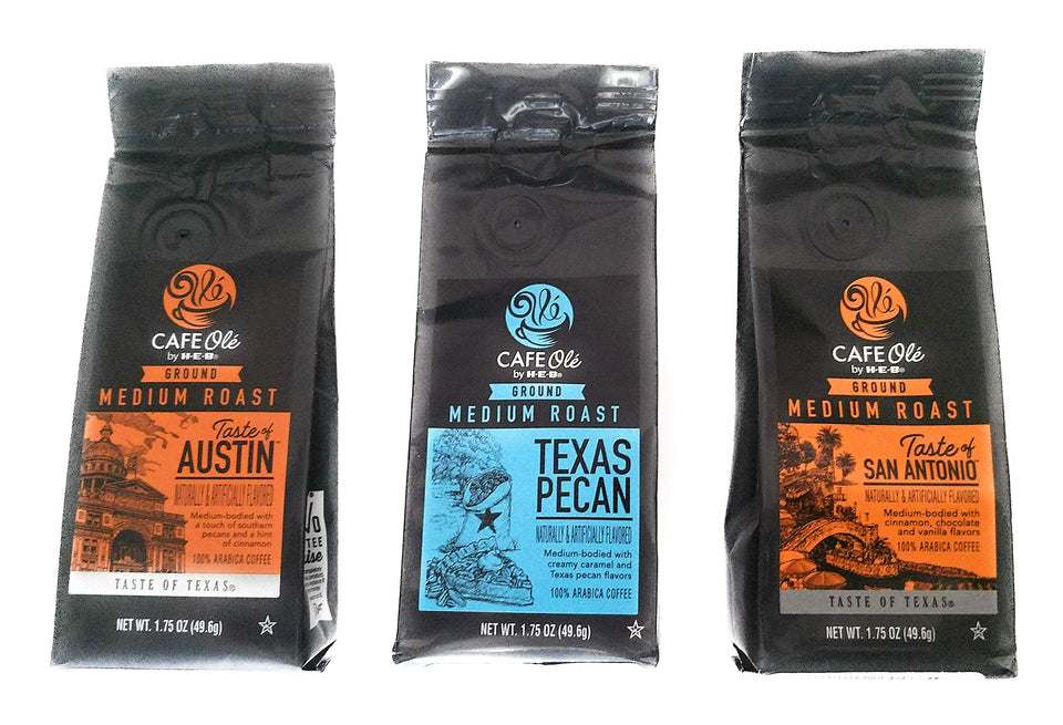 Cafe Ole Texas Pecan Medium Ground Coffee Sampler pack shot for home brewing variety.