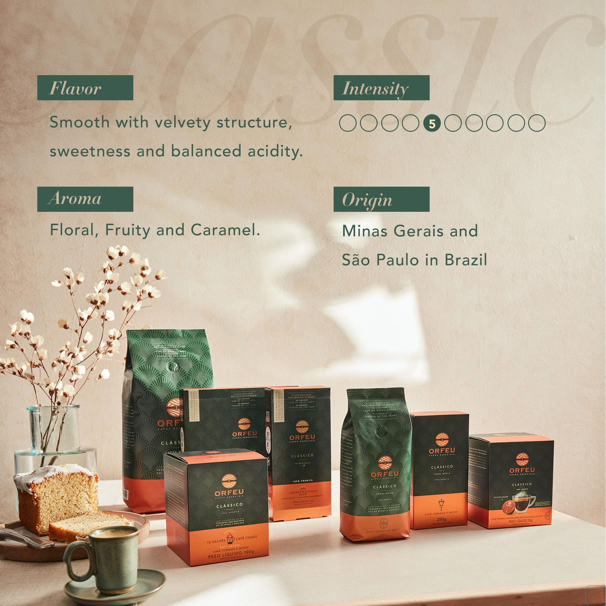 CAFE ORFEU Special Coffee Classic brewed cup hints at smooth medium roast.