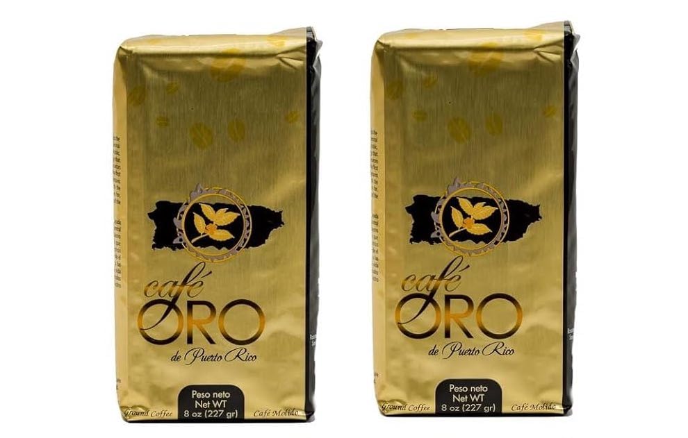 Cafe Oro de Puerto Rico ground coffee bag front view, two-pack for home brewing.