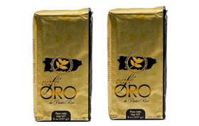 Cafe Oro de Puerto Rico ground coffee bag front view, two-pack for home brewing.