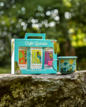 Cafe Quindio pour-over setup with espresso-ready grind.