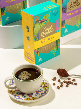 Cafe Quindio brew setup with pour-over highlighting aroma and ritual.