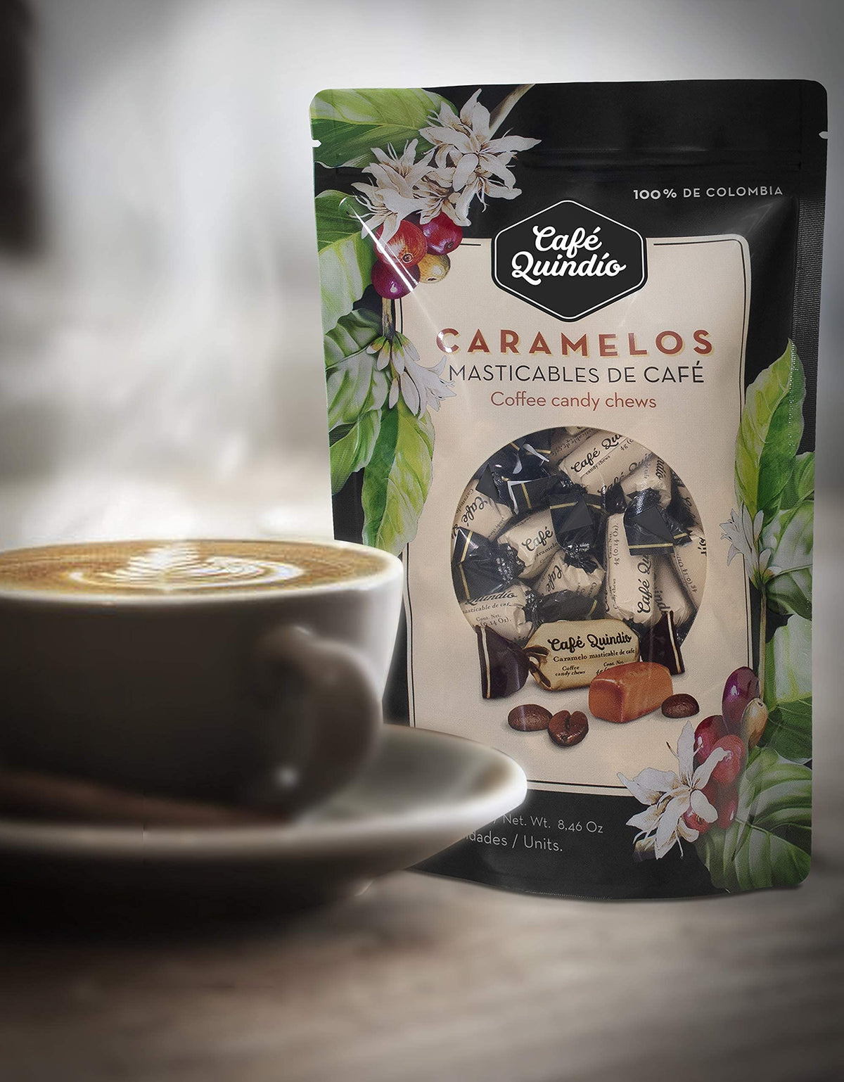 Cafe Quindio caramel melt close-up shows smooth, melt-in-mouth texture.
