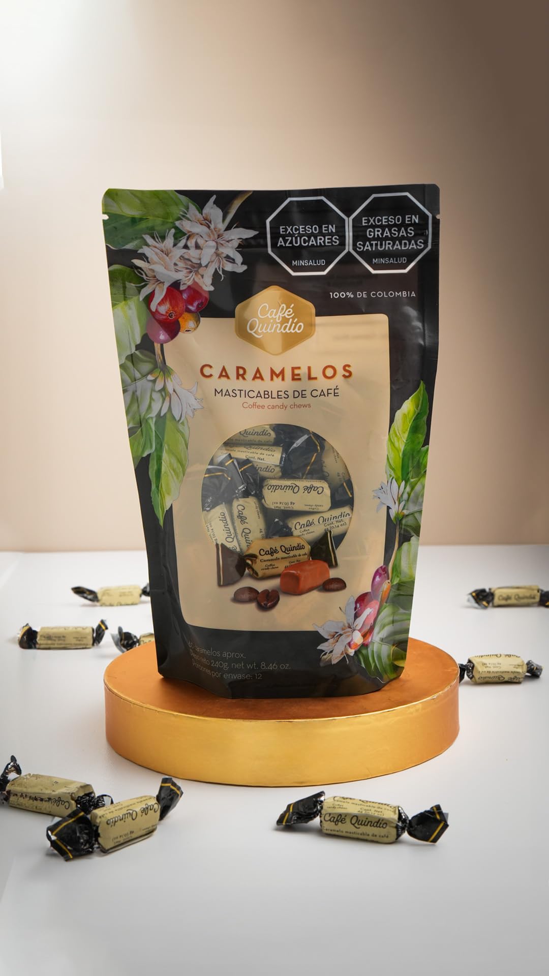 Cafe Quindio caramels with coffee beans hinting at rich indulgence.