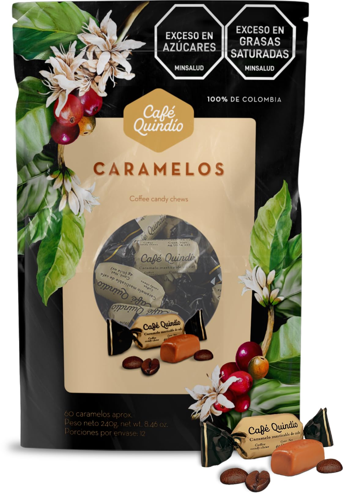 Cafe Quindio chewy coffee caramels bag front inviting aroma, great for gifting.