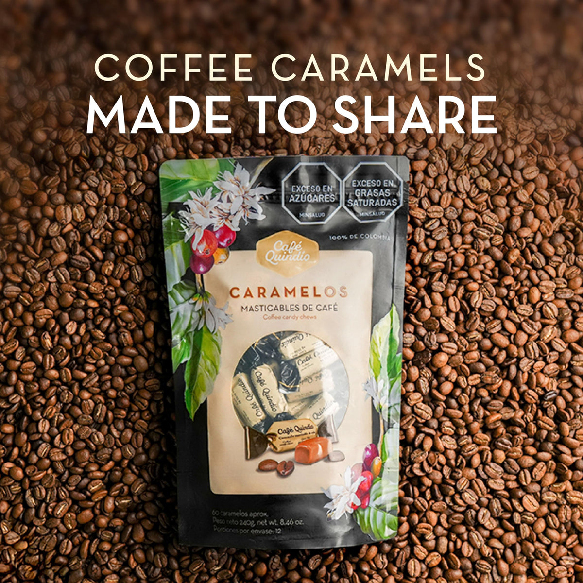 Cafe Quindio coffee caramels close-up texture showing soft bite.